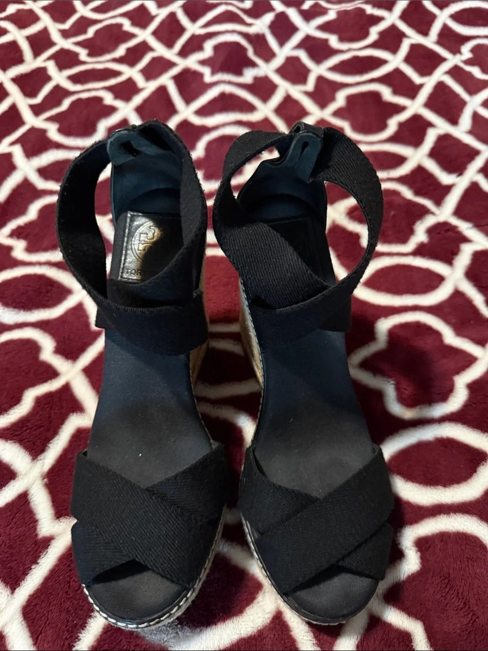 Tory Burch Black Leather Espadrille Wedge Sandals
